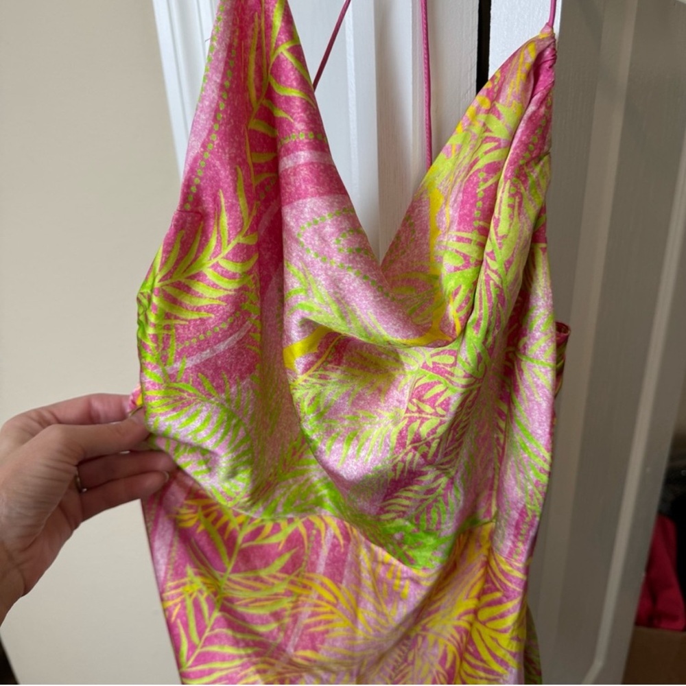 Retrofete Ariella Pink and Green Tropical Silk Mini Dress - Picture 5 of 13